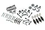 A collection of grey aluminium RC car upgrade parts including suspension arms, shock absorbers, steering knuckles, and linkages on a white background.