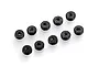 Ten small black cylindrical RC anti-roll bar stoppers arranged on a white background.
