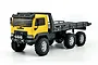 A studio shot of a yellow Hobby Plus 1/18 CR-18P 6x6 flatbed RC truck on a white background.