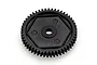 A black plastic spur gear for an RC car, featuring a central hole and a hexagonal mounting plate with three small screw points.