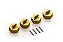 Four gold-coloured aluminium 14mm wheel hex adapters and four small metal drive pins for RC cars.