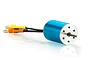 A blue brushless RC motor with three wires ending in bullet connectors, isolated on a white background.