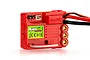 A red BlackZon Turbo 2-in-1 ESC and receiver unit for RC vehicles, featuring gold-plated motor connectors and a green product label.
