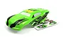 A green and black pre-painted RC stadium truck body shell for the BlackZon 1/16 Slyder ST, shown with an included decal sheet.