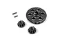 BlackZon steel spur gear, two pinion gears, and two small metal pins on a white background.
