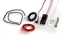 Artesania Latina LED lighting set including battery holder, switch, wires, and multiple LED bulbs on a white background.