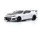 A white Kyosho Mini-Z Chevrolet Camaro ZL1 RC car body shell with black hood, wheels, and rear spoiler, shown from a front three-quarter angle.