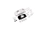 Kyosho Mini-Z Mitsubishi Lancer X unpainted body shell kit including white plastic body, black chassis parts, and four white wheels on a white background.