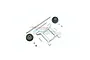 GPM Racing aluminium adjustable wheelie bar kit in silver, including metal frame, two black wheels, axles, and various screws and nuts.