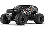ARRMA Gorgon 4X2 RC monster truck in black with custom graphics on a white background.