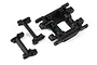 Three black plastic RC car components including a skid plate and two bumper mounts on a white background.