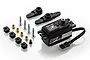 Power HD B7-RS low-profile brushless servo with included plastic servo horns, mounting screws, rubber grommets, and brass eyelets on a white background.