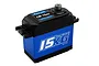 Power HD LW-15MG digital servo with a blue aluminium case and black plastic top and bottom sections, featuring a metal output gear.