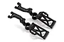 Two black plastic RC suspension arm and hub assemblies on a white background.