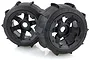 Two Rovan black beadlock wheels with sand paddle tyres for 1/5 scale RC buggies, shown against a white background.