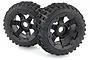 Two Rovan Baja 5B rear wheels with black rims and off-road bow tie tread tires, shown against a white background.
