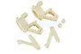 A set of white nylon RC front steering hubs and suspension components on a white background.