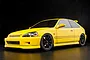 A bright yellow 1/10 scale MST TCR-FF EK9 RC car model, featuring a hatchback body style, black multi-spoke wheels, and a sleek, sporty design.
