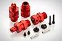 A set of four red anodized aluminium wheel wideners for RC cars, including mounting screws, pins, and black plastic caps on a white background.