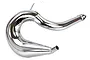 A chrome-plated Rovan Dominator D Gen 2 tuned exhaust pipe for RC cars, featuring a curved design and mounting flange.