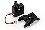 A black Xinlehong 1/18 scale RC servo with a plastic mounting bracket on a white background.