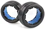 Two Rovan black slick RC buggy rear tires with blue foam inserts, shown from a front-facing angle against a white background.