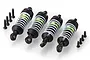 A set of four green and black adjustable RC shock absorbers with white springs and included mounting screws on a white background.