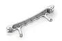 A silver aluminium rear shock tower brace for an RC car, featuring a machined design with multiple mounting holes.