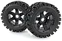 Two Rovan 1/5 scale black beadlock wheels with all-terrain tyres for Baja 5B RC buggies, shown against a white background.