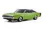 Kyosho Fazer Mk2 1970 Dodge Charger Hemi RC car in sublime green with a black vinyl-style roof, chrome wheels, and detailed front grille.