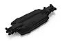 A black plastic main chassis for a 1/18 scale RC car, shown from an elevated angle against a white background.