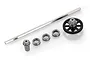 Xinlehong centre drivetrain set including a long metal driveshaft, a small metal pinion gear, three ball bearings, and a larger black plastic spur gear.