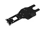 A black anodized aluminium rear chassis plate for an RC vehicle, featuring multiple mounting holes and a central cutout, isolated on a white background.