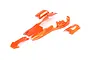 A set of orange painted RC buggy body shell panels for a Rovan Baja 5B, laid out on a white background.
