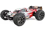 HPI Trophy Truggy Flux 1/8 scale electric RC truggy in red, white, and black livery with off-road tires and rear wing.