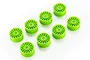 Eight fluorescent green 15-spoke RC car rims arranged in a grid pattern on a white background.