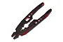 GPM Racing shock shaft multi-tool pliers in red and black anodized aluminum with various sizing holes and markings.