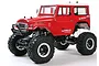 A studio shot of the Tamiya CR-01 Toyota Land Cruiser 40 RC rock crawler, featuring a red body, white roof, and large off-road tires.