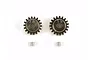 Two Tamiya pinion gears, one 18T and one 19T, with two matching grub screws on a white background.