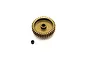 A gold-coloured Kyosho velvet coated aluminium pinion gear with a small black grub screw placed below it on a white background.
