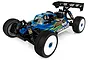 A studio shot of a Team Associated RC8B4.1 1/8 scale nitro RC buggy with a blue and yellow painted body, white wheels, and black off-road tires.