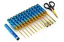 A 14-piece GPM Racing tool set featuring blue knurled handles with gold accents, including various screwdrivers, nut drivers, a reamer, and scissors.