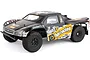 A black HPI Blitz Flux RC short course truck with yellow and white racing decals on a white background.