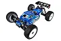 A high-angle studio shot of a Team Associated RC8T4 nitro truggy kit, featuring a blue painted body, white wheels, and black off-road tires.
