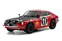 A red Kyosho Fazer Mk2 1971 Datsun 240Z RC rally car with black hood, racing decals, and off-road tires on a white background.