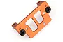 An orange anodized aluminium servo mount for HSP RC cars, featuring two black Phillips head screws attached.