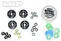MIP 8-Hole 1.2mm Bypass1 Tapered Hi-Flow Pistons Set including black pistons, nuts, washers, and valve discs in a small container.
