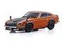 Kyosho Mini-Z Nissan Fairlady 240Z-L RC car in orange with a black hood, featuring fender flares and black wheels on a white background.