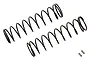 Two black coil-over shock springs for RC cars, positioned diagonally on a white background with two small grey metal spacers.