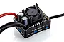 Hobbywing Xerun AXE Plus R3 135A brushless ESC with cooling fan, capacitors, and pre-soldered wires on a white background.